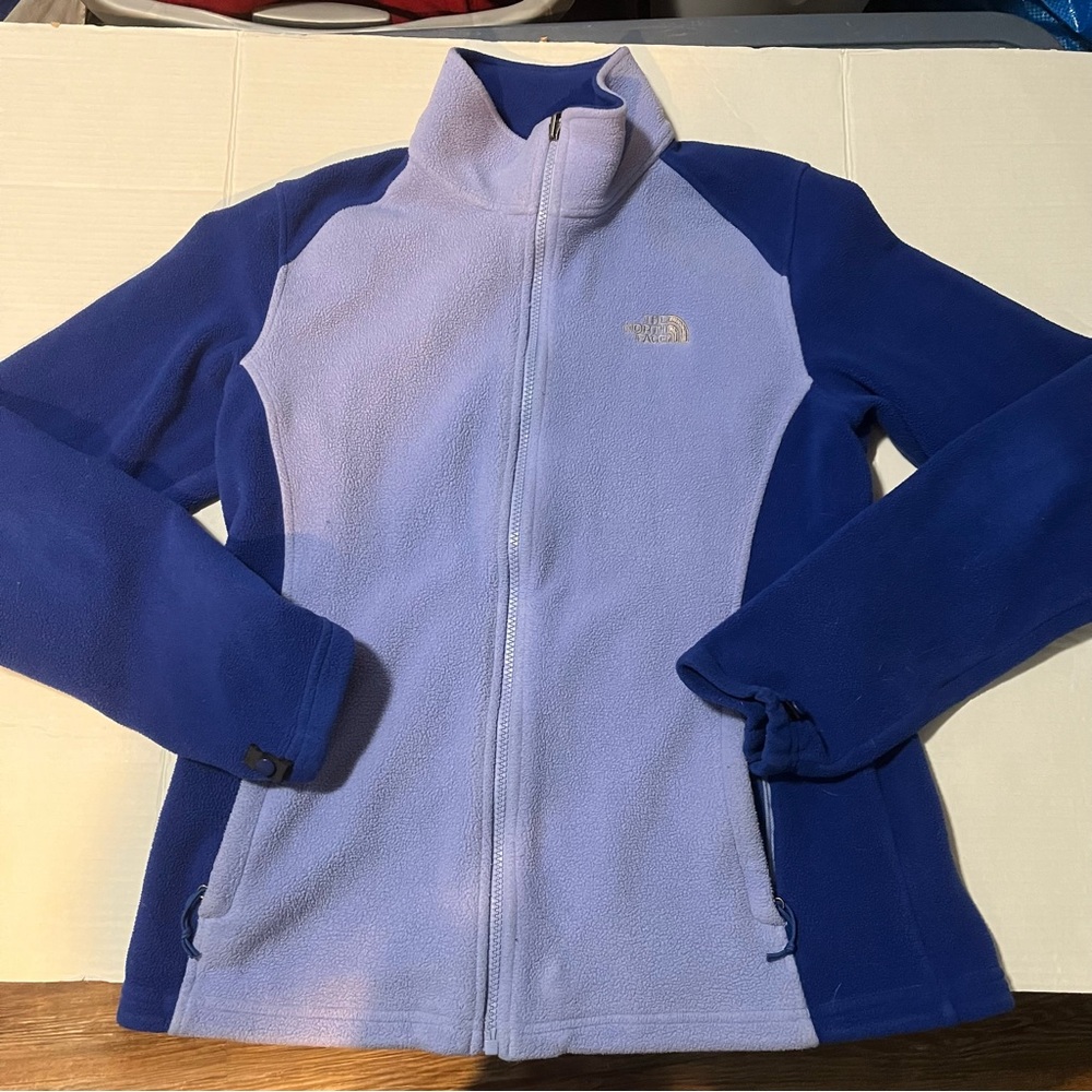 The North Face Women Large Two Tone Blue Zip Softshell Fleece Jacket Flashdry